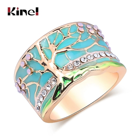 Kinel-Anillo con esmalte verde y cristales diseño árbol flores para mujer, sortija ancha, rosa, dorado, estilo vintage, suerte, fiesta, 2022 ► Foto 1/6