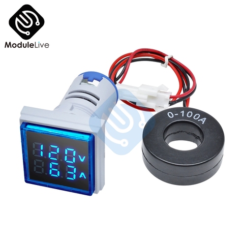 22MM 0-100A AC 50-500V 20-75Hz Digital amperímetro del voltímetro medidor de corriente de voltaje Detector azul cuadrado de 220V Herramientas ► Foto 1/6