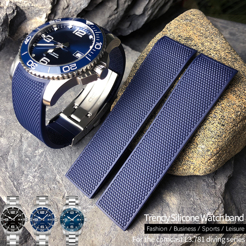 Correa de silicona de goma para reloj Longines master Conquest hidroconquest L3, 19mm, 20mm, 21mm, negro y azul ► Foto 1/6