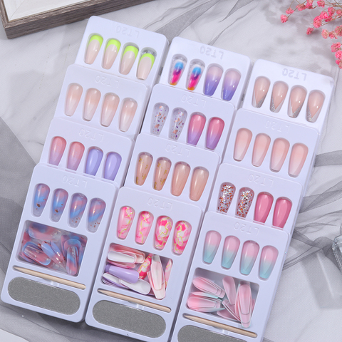 24 unids/set desmontable largo ataúd falso uñas Arco Iris europeo bailarina completa de Arte de uñas consejos de belleza colorido Artificial uñas ► Foto 1/6