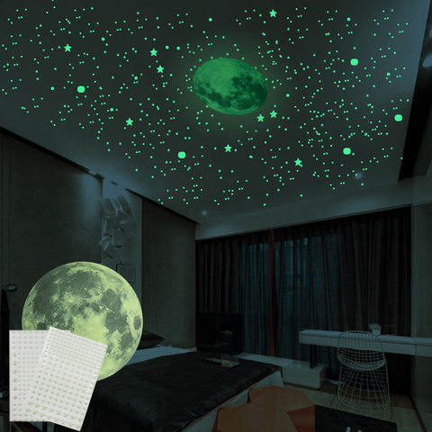 414 Uds 3D Luna luminosa pegatina de pared de estrella de resplandor en el oscuro etiqueta de la pared para niños DIY habitación sala de decoración del hogar ► Foto 1/6
