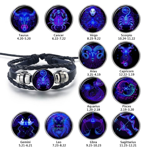 12 constelación signo del zodiaco negro cuero trenzado pulsera cáncer, Leo, Virgo, Libra tejido joya de cúpula de cristal Punk pulsera de los hombres ► Foto 1/6