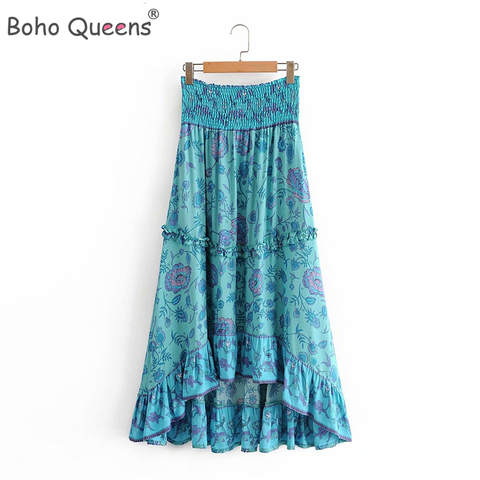 Boho Queens de moda Vintage de las mujeres de playa bohemio floral dibujo de pavo real falda elástica alta cintura Maxi vestido falda Boho Falda Mujer ► Foto 1/6