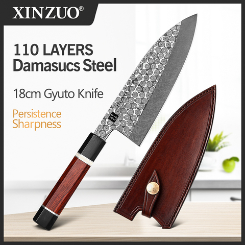 XINZUO Pro-cuchillo Gyuto de 180mm, con Funda de cuero, alto contenido de carbono, 110 capas de Damasco, 60 ± 1 HRC, cabezal de cuchillo de pescado, mango de palisandro ► Foto 1/6