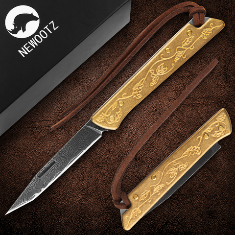 Minillavero plegable con cuchillo, hoja de acero de Damasco, mango de Cobre tallado, EDC, Navajas de bolsillo pequeño para paquete de letras, pelador abierto, regalo ► Foto 1/1