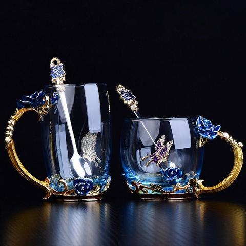 Taza de cristal esmaltada de rosa azul, taza de cristal de alta calidad para té de flores, taza con asa, regalo perfecto para bodas ► Foto 1/6