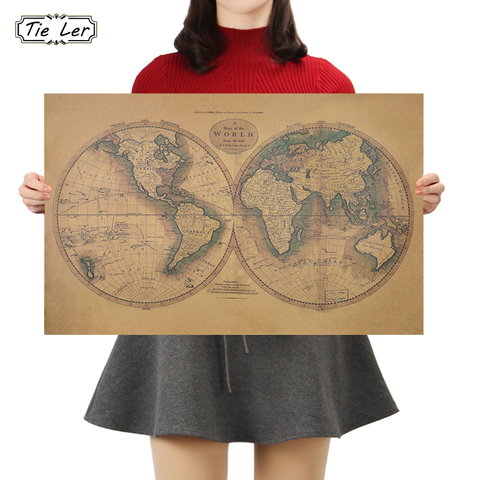 Póster clásico nostálgico de Papel Kraft para Bar, pintura adhesiva de pared decorativa Retro de 72,5x46,5 cm con mapa del mundo TIE LER ► Foto 1/6