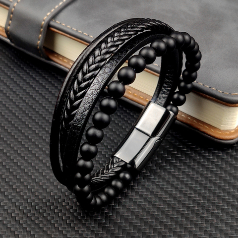 MingAo Bien joyas de acero inoxidable Multi-capas de cuero negro de los hombres con cuentas pulsera de alta calidad broche de imán, regalo de Navidad ► Foto 1/6