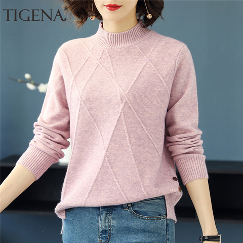 TIGENA hermoso suéter de cuello alto rosa para mujer 2022 Otoño Invierno de manga larga Jersey suéter de punto para mujer ► Foto 1/6