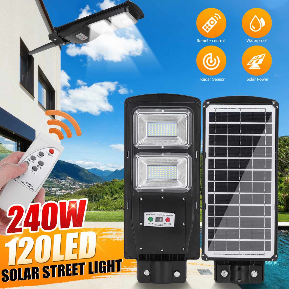 Lámpara Solar led de 240W para pared Luz de calle con Sensor de movimiento PIR y Radar superbrillante, lámparas de seguridad con Control remoto para jardín y exteriores ► Foto 1/6