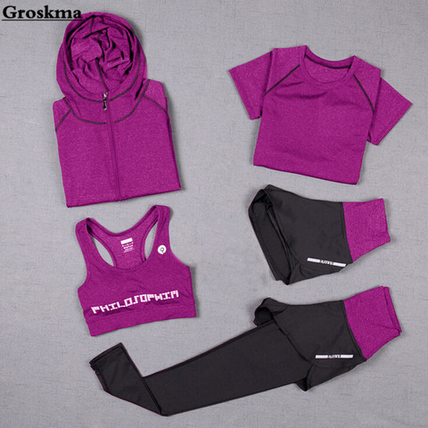 Pantalones de cintura alta + Abrigo con capucha + Camiseta + sujetador + corto mujeres yoga 5 piezas conjunto para correr al aire libre secado rápido fitness ropa deportiva ► Foto 1/6