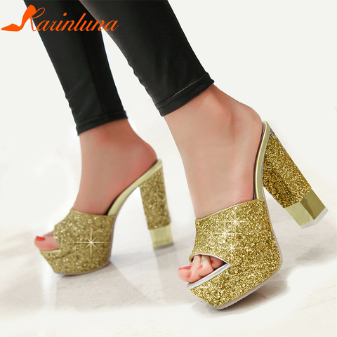 KARINLUNA tamaño grande 32-43 nuevas mulas Bling plataforma zapatos mujer Casual fiesta verano bombas cuadradas tacones altos zapatos mujeres ► Foto 1/6