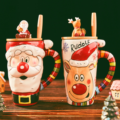 Tazas de café de gran Navidad de 600ml, taza de café con dibujos animados, Taza de cerámica con tapa, regalos de Navidad para niños, decoración navideña, Feliz Año Nuevo ► Foto 1/6