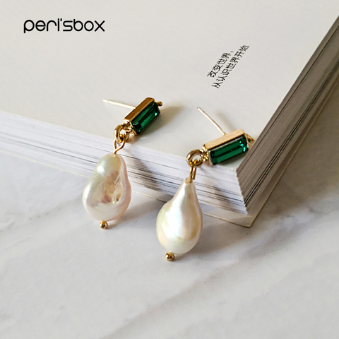 Peri'sBox-pendientes colgantes de perlas barrocas grandes para mujer, Pendientes de perlas de agua dulce genuinas geométricos, pendientes colgantes de cristal verde ► Foto 1/6