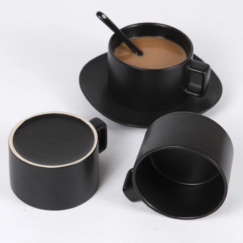 Cuchara de cerámica de Taza de Café de Cerámica, plato y platillo, juego de tazas de té de porcelana pigmentada negra ► Foto 1/6