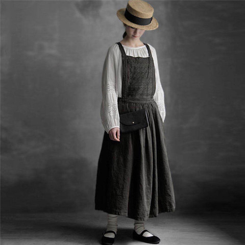Johnature-vestidos de lino con tirantes para mujer, ropa de otoño con bordado Vintage, cintura elástica, removible, novedad de 2022 ► Foto 1/6