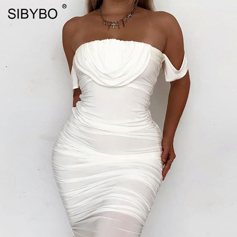 Sibybo-vestido plisado de hombro descubierto de primavera para mujer, vestido Sexy de moda sin tirantes para fiesta de verano, vestidos informales de playa con espalda descubierta ► Foto 1/6