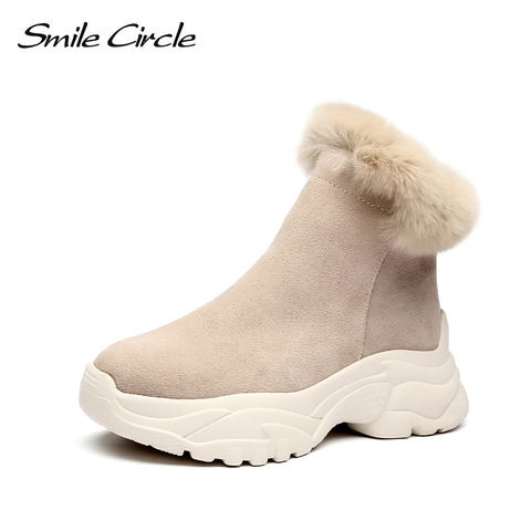 Smile Circle de Botines de Cuero planos de las mujeres zapatos de plataforma zapatos invierno mantener caliente de fondo grueso corto botas damas nieve boo ► Foto 1/6