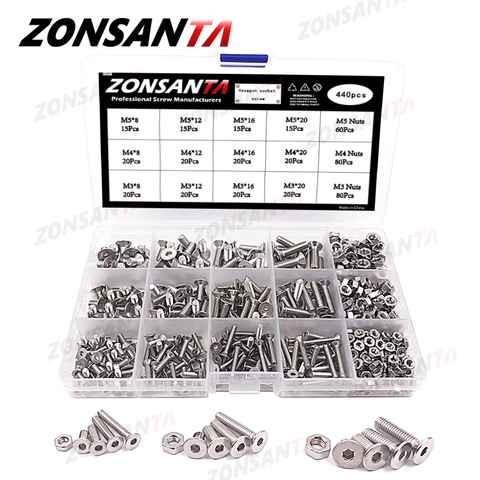 ZONSANTA-Juego de tornillos de cabeza plana hexagonal, M3, M4, M5, 440, tornillos mecánicos de acero inoxidable para muebles, 304 Uds. ► Foto 1/6