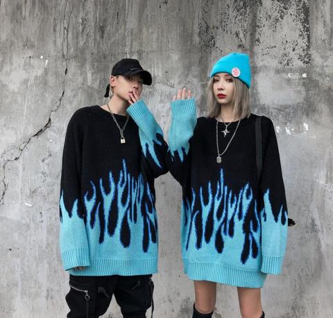 Jersey coreano suelto de punto con llamas para hombre y mujer, ropa informal estilo hip hop, jersey con cuello redondo ► Foto 1/6