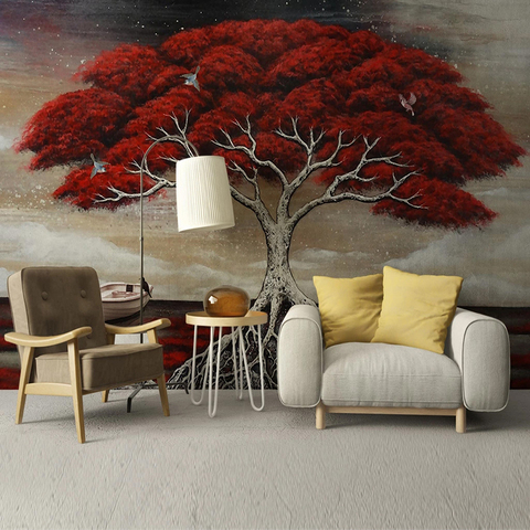 Mural personalizado de mano estereoscópica 3D, cuadro pintado al óleo rojo, árbol grande, decoración para sala de estar, papel tapiz para paredes de dormitorio ► Foto 1/6