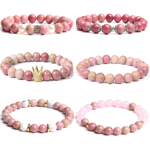 Pulsera de cuentas de Rodocrosita de piedra Natural para mujer, brazalete de cuentas color rosa y blanco, joyería exquisita, regalo para mujer ► Foto 1/6