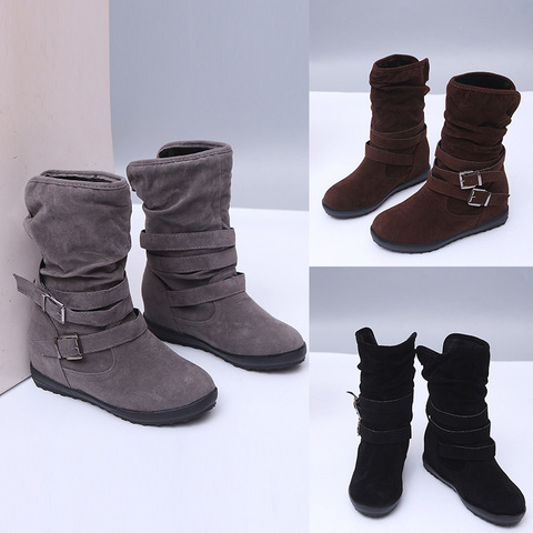 Botas de piel de ante con hebilla para mujer, zapatos informales a la moda, calzado de nieve de tacón alto, 691 ► Foto 1/5