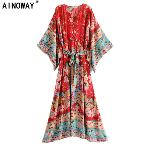 Chic Vintage de las mujeres floral rojo Impresión de manga de murciélago Vestido de playa estilo bohemio Kimono de mujer cuello en V de fajas Boho maxi vestido vestidos ► Foto 1/6