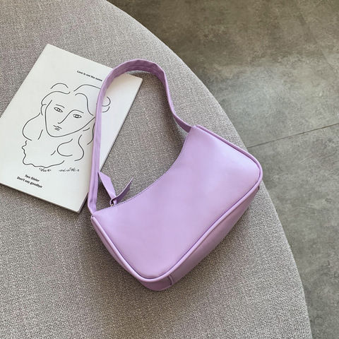 Bolso Baguette de piel sintética suave para mujer, bolsa de hombro pequeña de diseño a la moda, Color liso Retro, Color morado ► Foto 1/6