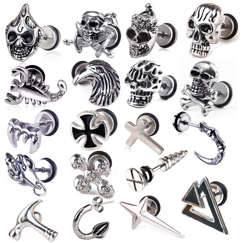 Pendientes Unisex de acero inoxidable para hombre y mujer, Piercing con forma de calavera cruzada, aretes de tuerca estilo Punk, hélice, joyería ► Foto 1/6