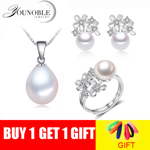 Juego de joyas de perlas de agua dulce Real para mujer, juego de perlas naturales de flores 925 joyas de plata para niña, anillo de cumpleaños, regalo blanco ► Foto 1/1