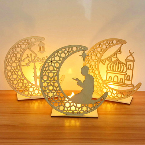 EID Mubarak-Colgante de madera con luces tipo vela de LED, decoraciones Ramadán para el hogar, decoración de fiesta musulmana islámica Eid Kareem Ramadán ► Foto 1/6