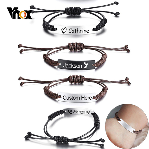 Vnox-pulsera de cuerda trenzada hecha a mano para niños, brazalete de acero inoxidable con barra de identificación, joyería de Antipérdida, nombre personalizado ► Foto 1/6