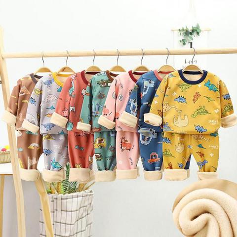 Pijamas de invierno para niños, conjuntos de ropa de lana cálida, pijamas para chicos, ropa de dormir gruesa de dinosaurios para niñas, ropa interior térmica para bebés ► Foto 1/6