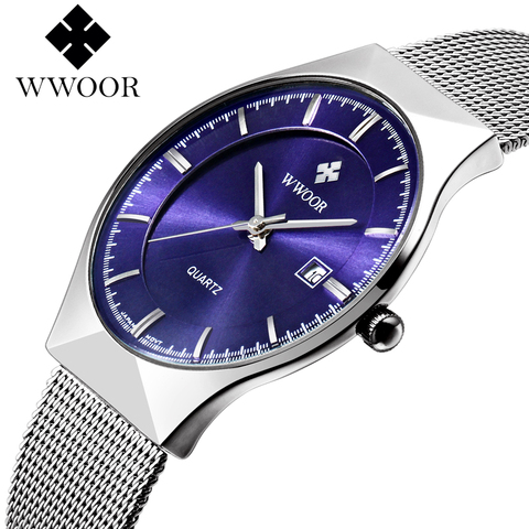 WWOOR-reloj informal ultrafino de lujo para hombre, pulsera de cuarzo de acero inoxidable, resistente al agua, con fecha automática, azul, 2022 ► Foto 1/6