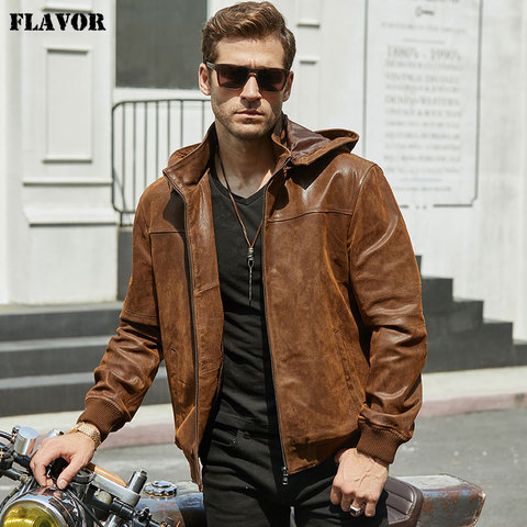 Chaqueta de invierno para hombre, de cuero porcino auténtico con capucha, de piel de cerdo, de cuero Natural ► Foto 1/6