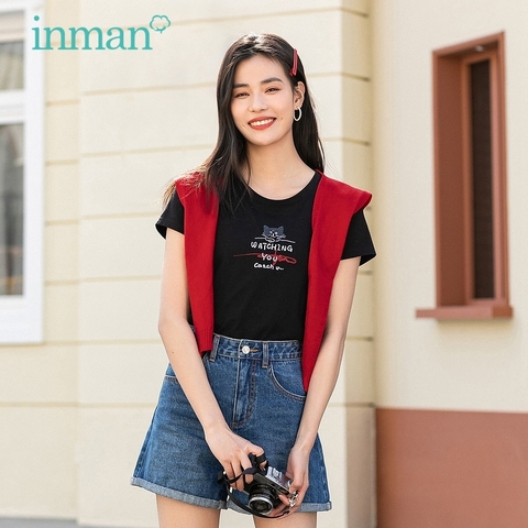 INMAN-Camiseta de diseño divertido para chica, blusa con bordado de gato bonito, cuello redondo, diseño minimalista informal ► Foto 1/5