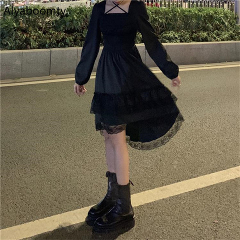 Vestido de fiesta de hada negra para mujer, vestido gótico con cuello cuadrado con Cruz, princesa Lolita Irregular, bonito vestido Kawaii de encaje con volantes, vestido elegante ► Foto 1/6