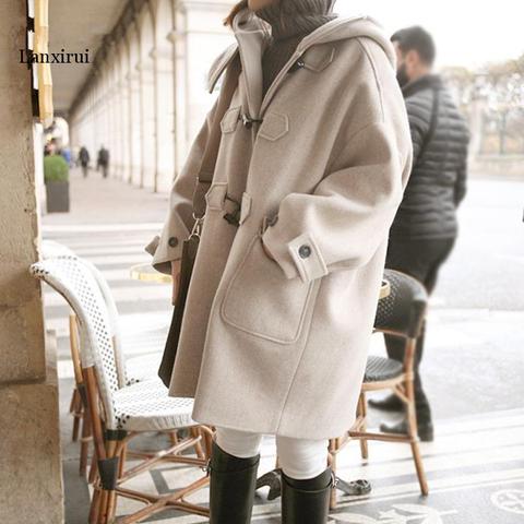 Moda de Invierno Abrigos largos sueltos para Mujer abrigo de mezcla de lana Casual sólido y bolsillos de chaqueta para Mujer Invierno ► Foto 1/5
