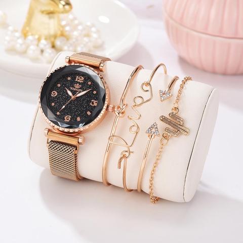 5 unid/set relojes de marca de lujo para mujer reloj magnético de cielo estrellado hebilla de moda Casual reloj de pulsera para mujer pulsera Simple de números romanos ► Foto 1/6