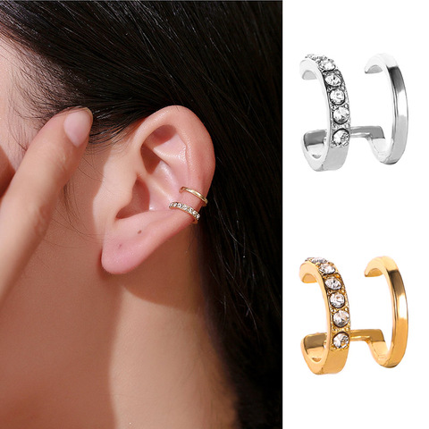 Pendientes de doble capa con Clip para mujer, aretes coreanos, dorados, plateados, de cristal, sin Piercing, joyería ► Foto 1/6