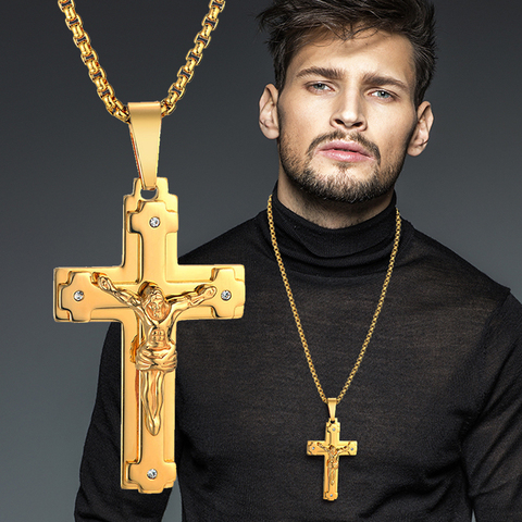 Collar con colgante de acero inoxidable para hombre y mujer, joyería de moda, crucifijo, cruz de Jesús, collares de cadena ► Foto 1/6