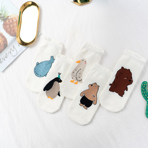 Calcetines cortos con dibujos de animales para mujer, de dinosaurio, zorro, pingüino, oso, kawaii, estilo coreano ► Foto 1/6