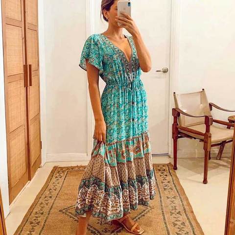 De inspiración Bohemia turquesa de las mujeres vestido de verano flare manga bohemios largos vestido botones frente hippie chic vestido de las mujeres de playa vestido ► Foto 1/6