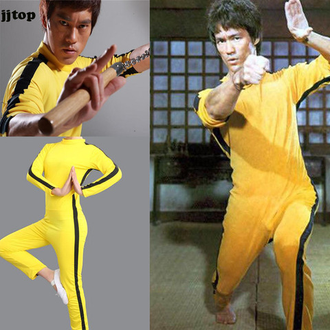 Bruce Lee mamelucos para chico adultos amarillo uniformes de Wushu conjunto de kungfú Wu Shu ropa traje chino hombres marciales nunchakus con grabado artístico ► Foto 1/6