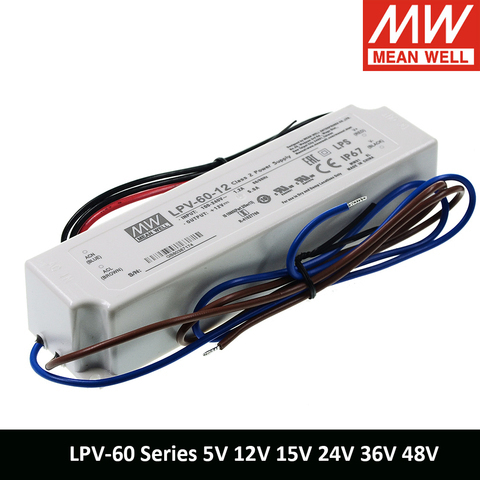 MEAN WELL-fuente de alimentación conmutada de salida única, Lpv-60-12, 12v, 220v a 12v, controlador Led resistente al agua, 5v, 12v, 15v, 24v, 36v, 48v, LPV-60 ► Foto 1/6