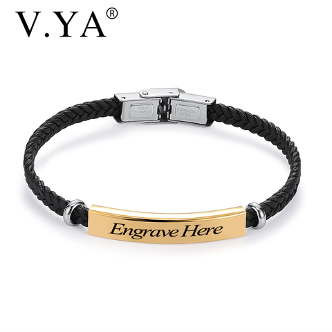 V.YA-pulsera de acero inoxidable con logotipo personalizado para hombre y mujer, brazalete de cuero con nombre personalizado, accesorios de Navidad ► Foto 1/6