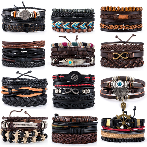 Conjunto de pulseras de cuero y Metal estilo Retro para hombre, joyería Vintage hecha a mano, brazalete con abalorio de ancla, brazaletes para hombre, regalos de joyería para hombre ► Foto 1/6