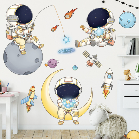 Pegatinas de pared extraíbles con astronauta espacio de dibujos animados para niños, decoración de pared en PVC para habitación de bebé, decoración del hogar ► Foto 1/6