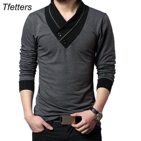 TFETTERS-Camiseta de manga larga para hombre, Camiseta entallada de algodón con cuello en V de retales, de talla grande 4XL ► Foto 1/6